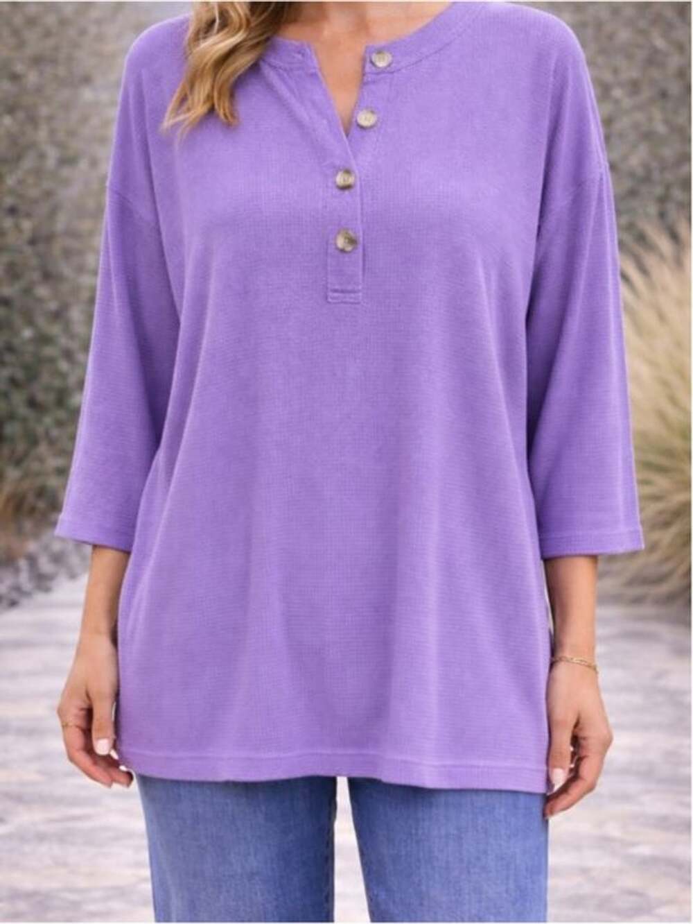 Andrée by Unit Lilac Waffle Knit Henley Top Oversized Boutique Pullover NWT S-XL